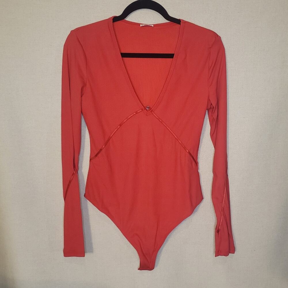Free People Intimately Bodysuit Large Long Sleeve Thong back NWT Red